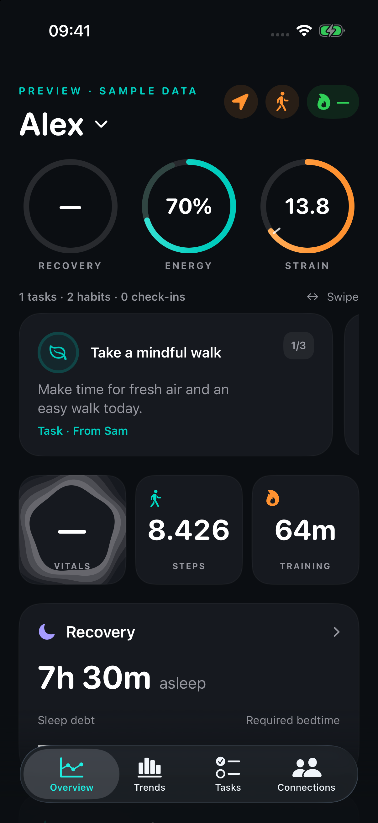 ReStrain preview with a daily task, sleep, step count and training summary. Fictional sample data.